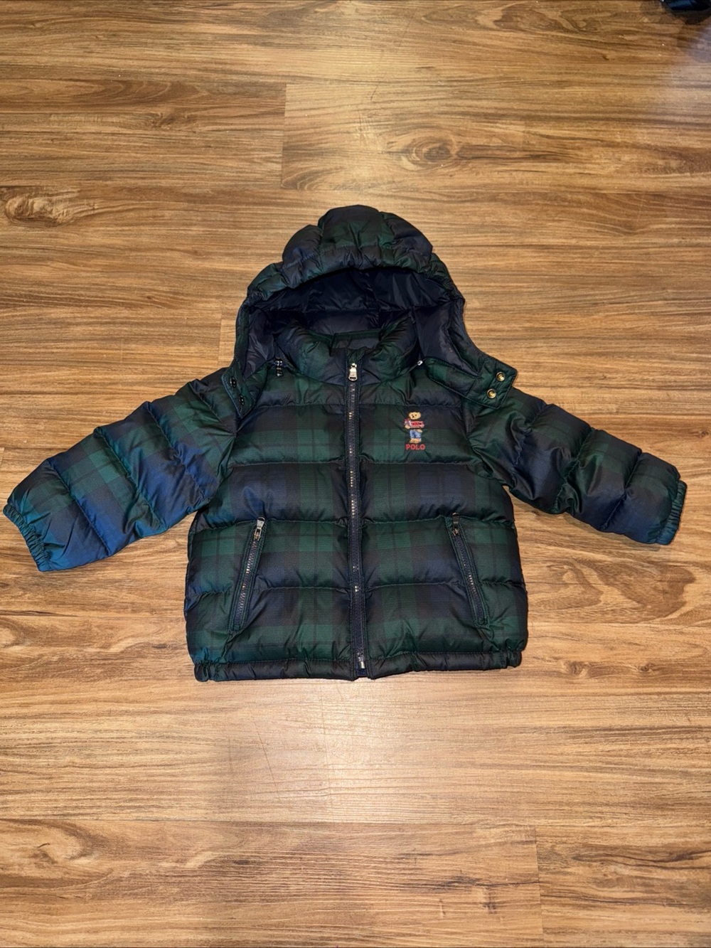 NWOT Ralph Lauren Baby 24M Green Navy Bear Plaid Duck Down  Hooded Jacket